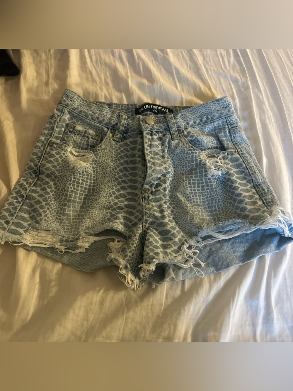 Blue Revival Light Blue Snake-Print Denim Cutoff Shorts